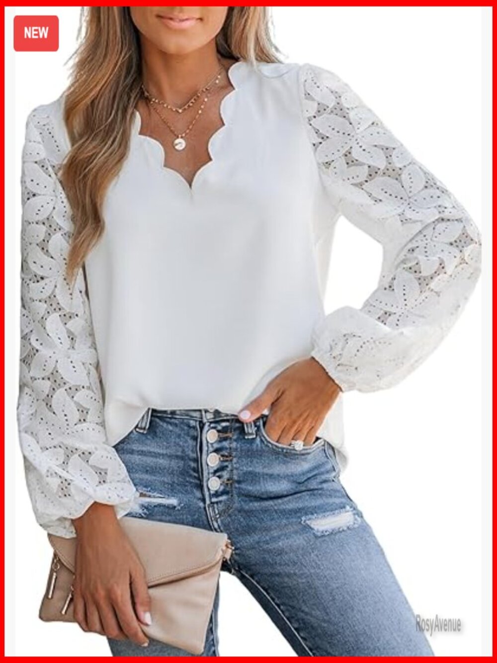 Lace V Neck Blouse Long Sleeve Scalloped Floral Dressy Blouse - Picture 1 of 7